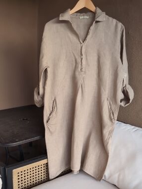 Made in Italy Tan Shirt Dress 100% Linen